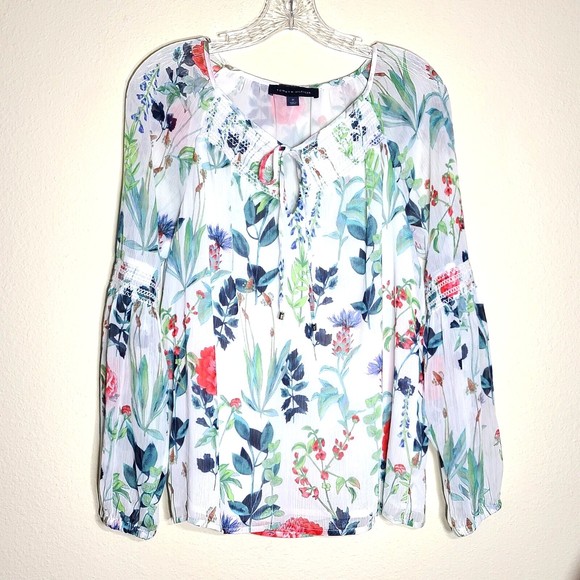 Tommy Hilfiger Blouse Size M Botanical Tie Smocking Long Sleeve Lined Multicolor - Picture 1 of 13